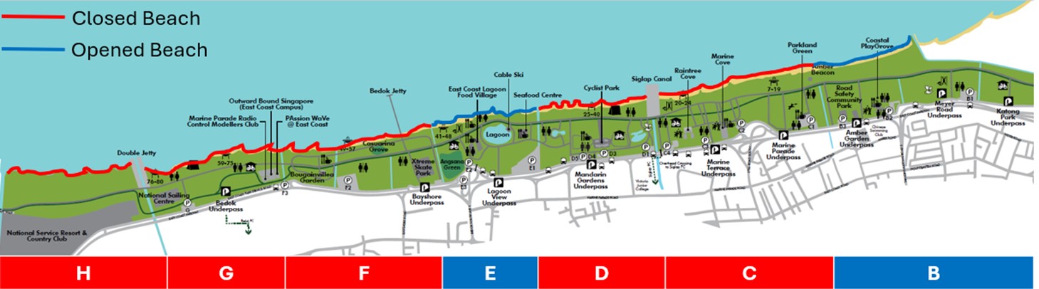 Map of the re-opened beachfronts at East Coast Park
