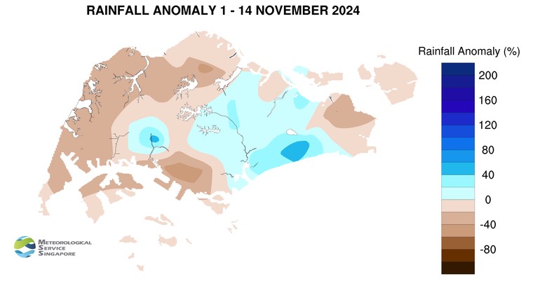 Rainfall map of Singapore from 1 - 14 November 2024